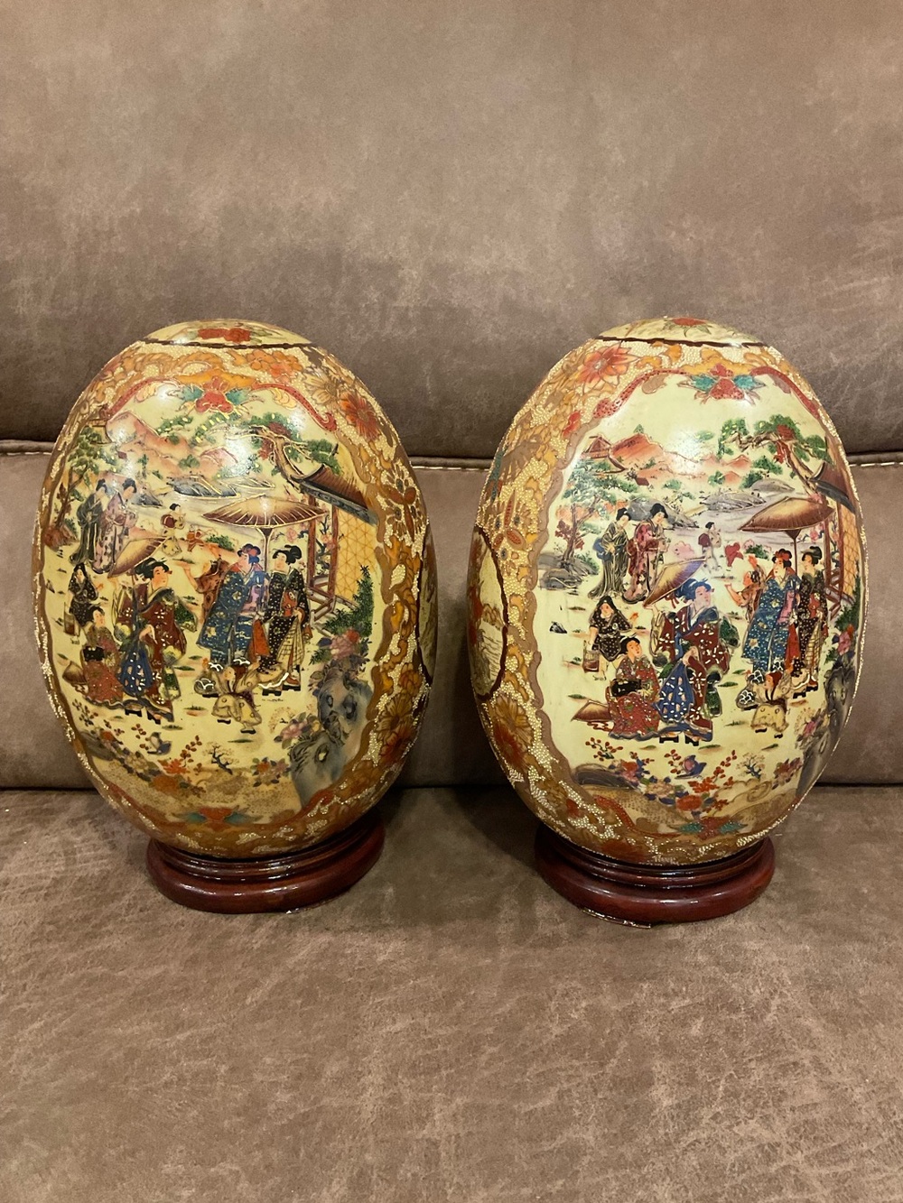 Vintage Large Japanese Satsuma Hand Painted Porcelain Eggs with Wooden Bases